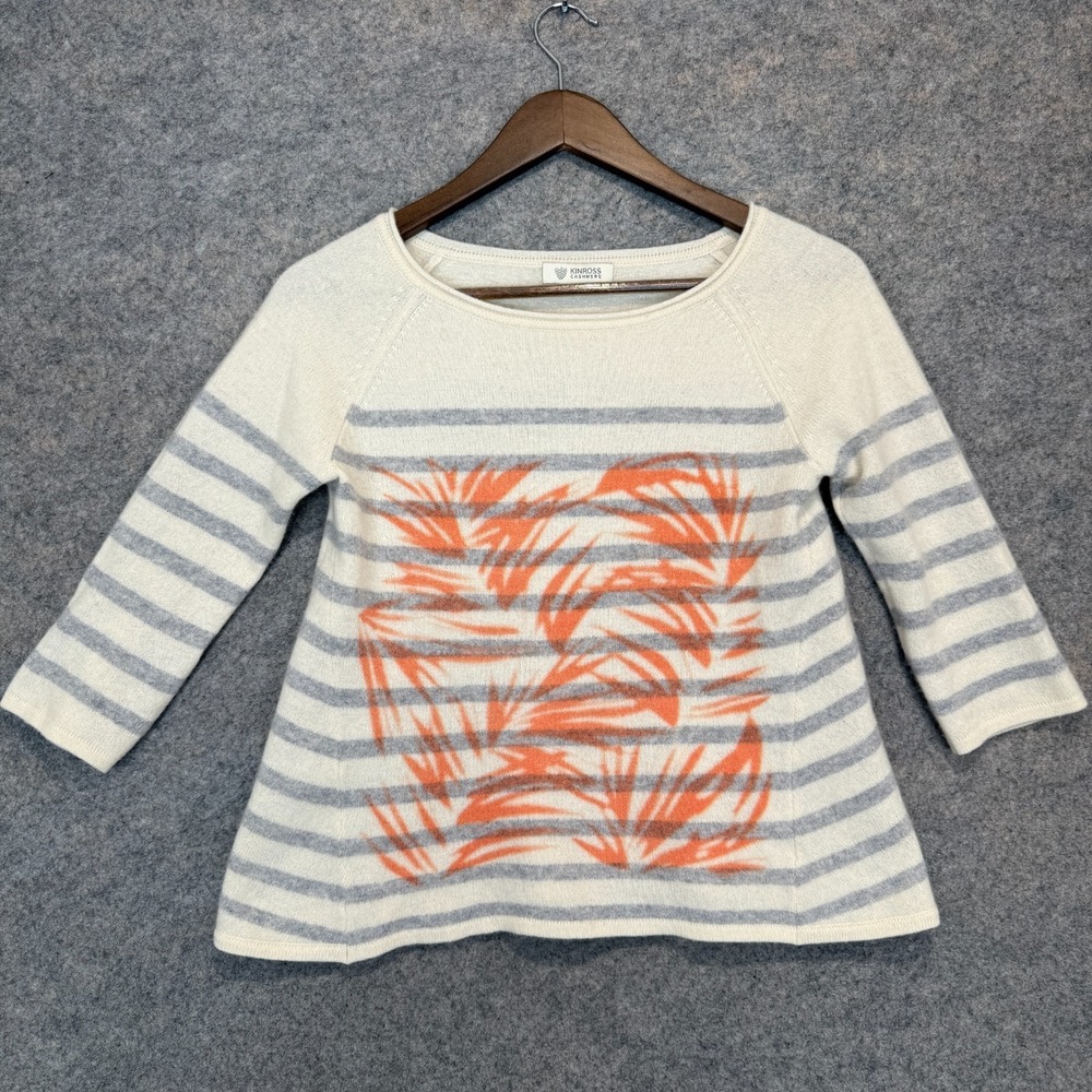 Kinross 100% Cashmere Floral Sweater Womens XS Cream Orange Flare Silhouette 3/4